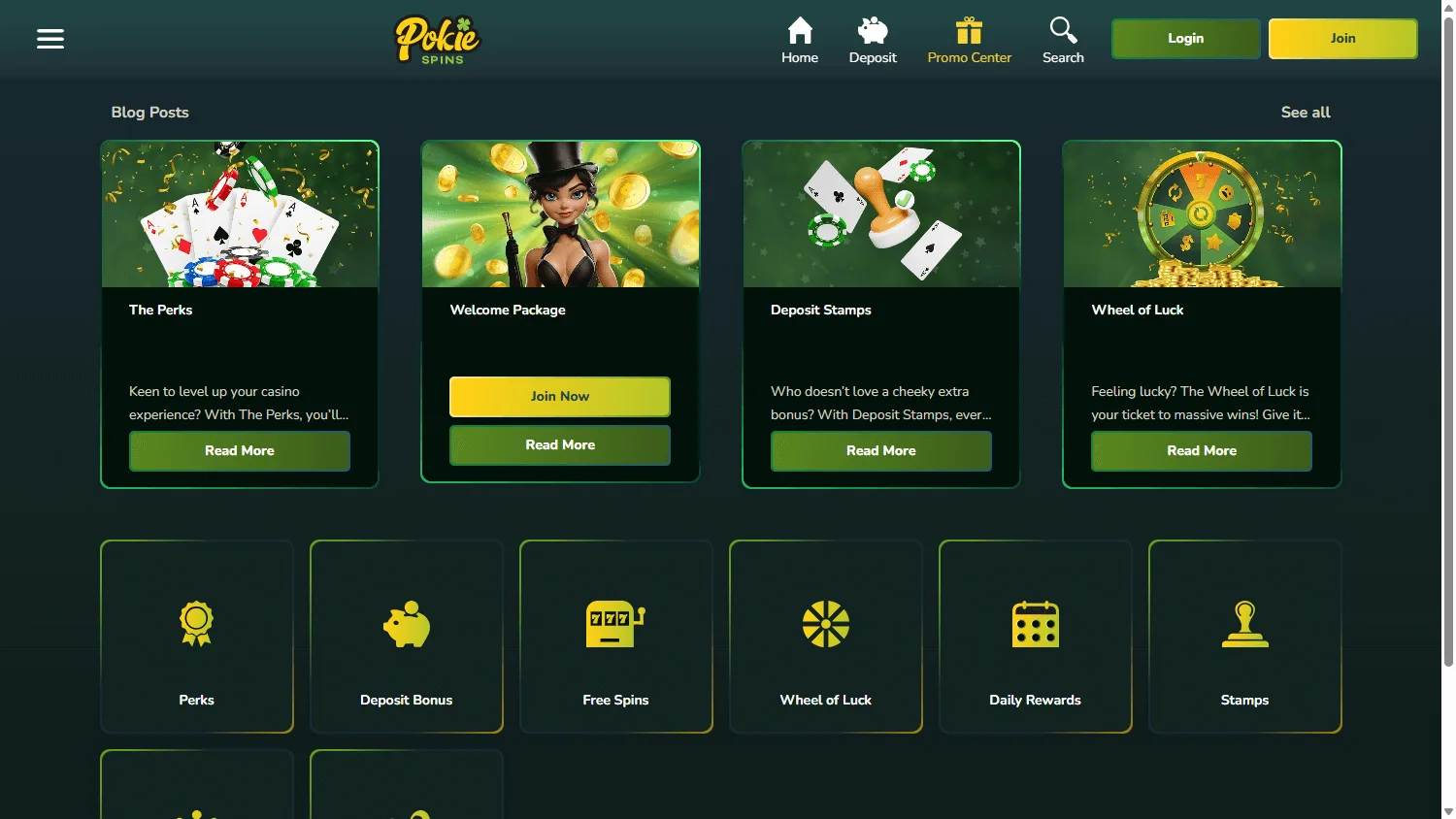 Pokie Spins Casino desktop promotions area with welcome and reward offers