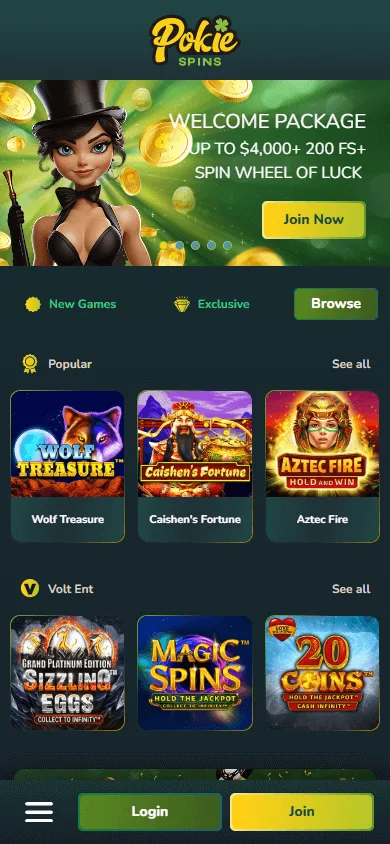 Pokie Spins Casino mobile browser home screen with the bottom-left menu