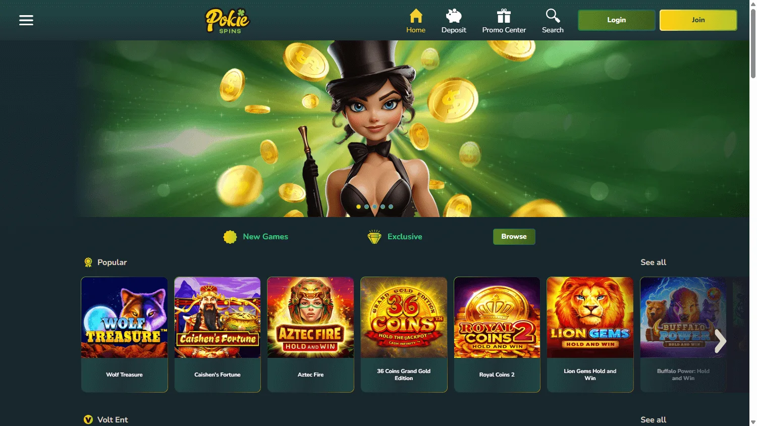 Pokie Spins Casino desktop home screen with casino access and account options