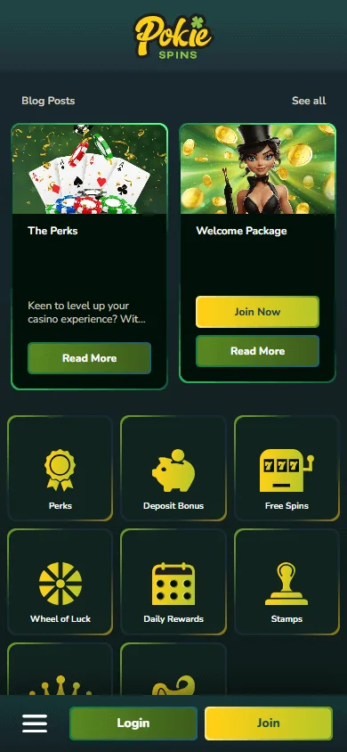 Pokie Spins Casino mobile browser promotions area with reward offers